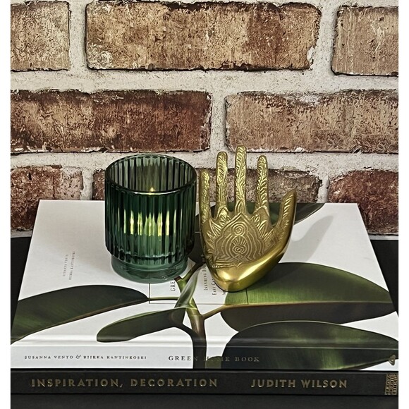 Ribbed Glass Votive Candle Holder Set of 2 Emerald Green Round Home Decor - Picture 14 of 15